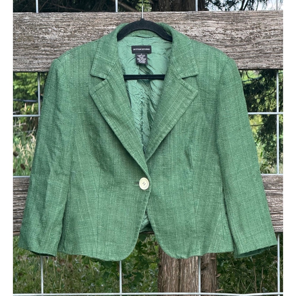 Sutton‎ Studio Womens Green 100% Silk Textured Cropped Blazer Jacket Siz 16
